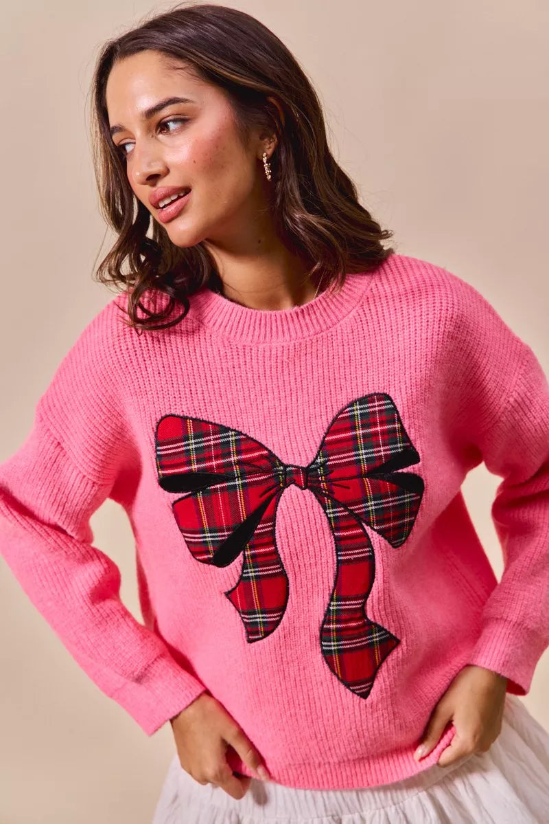 Checker Plaid Ribbon Christmas Holiday Sweater