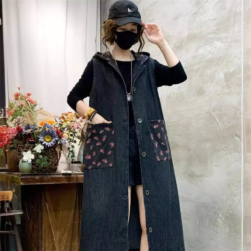 Loose Hooded Long Denim Vest With Printed Patterns