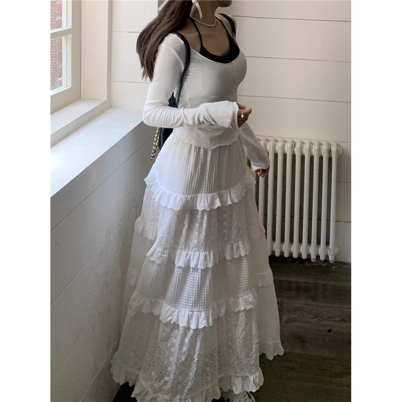 Solid Color Elastic Waist Lace Patchwork A-Line Maxi Skirt