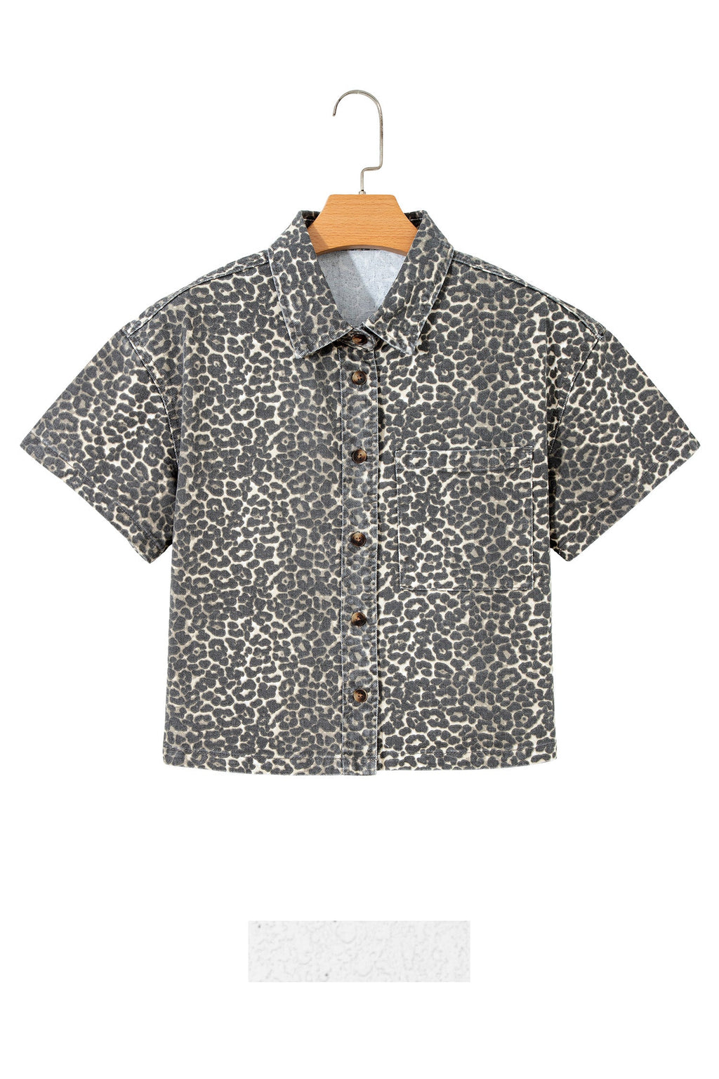 Gray Vintage Leopard Print Short Sleeve Loose Cotton Denim Shirt