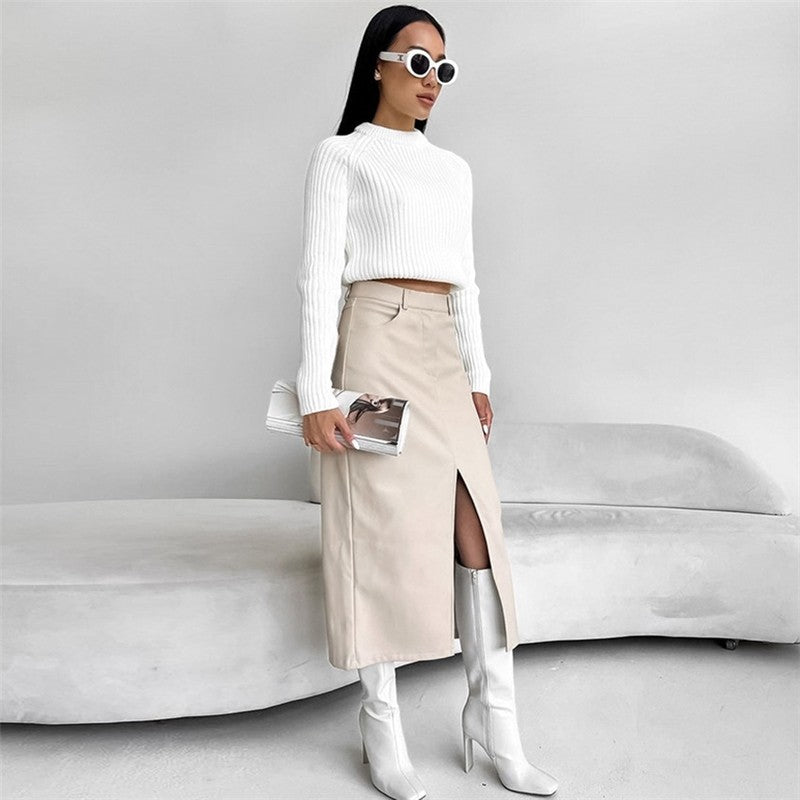 Retro High-Waisted PU Leather Skirt with Split Design