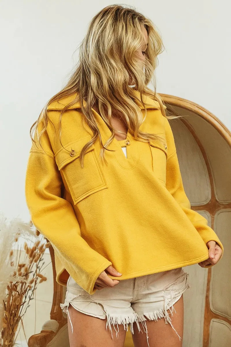 Flap Pockets Fleece Collared Sweatshirt