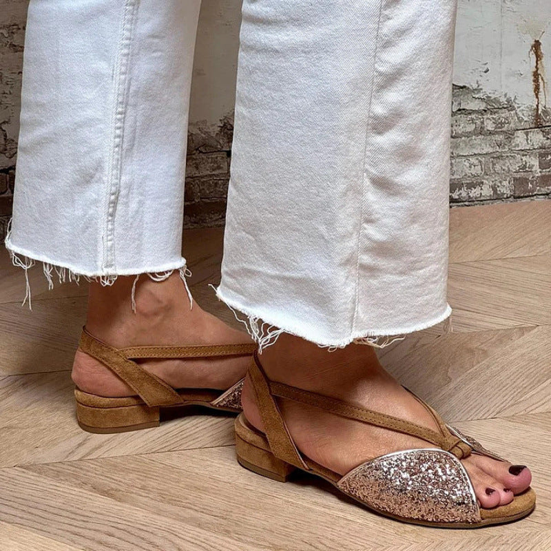 Women's Brown Suede Glitter Embroidered Peep Toe Sandals - Low Heel Comfortable Summer Shoes