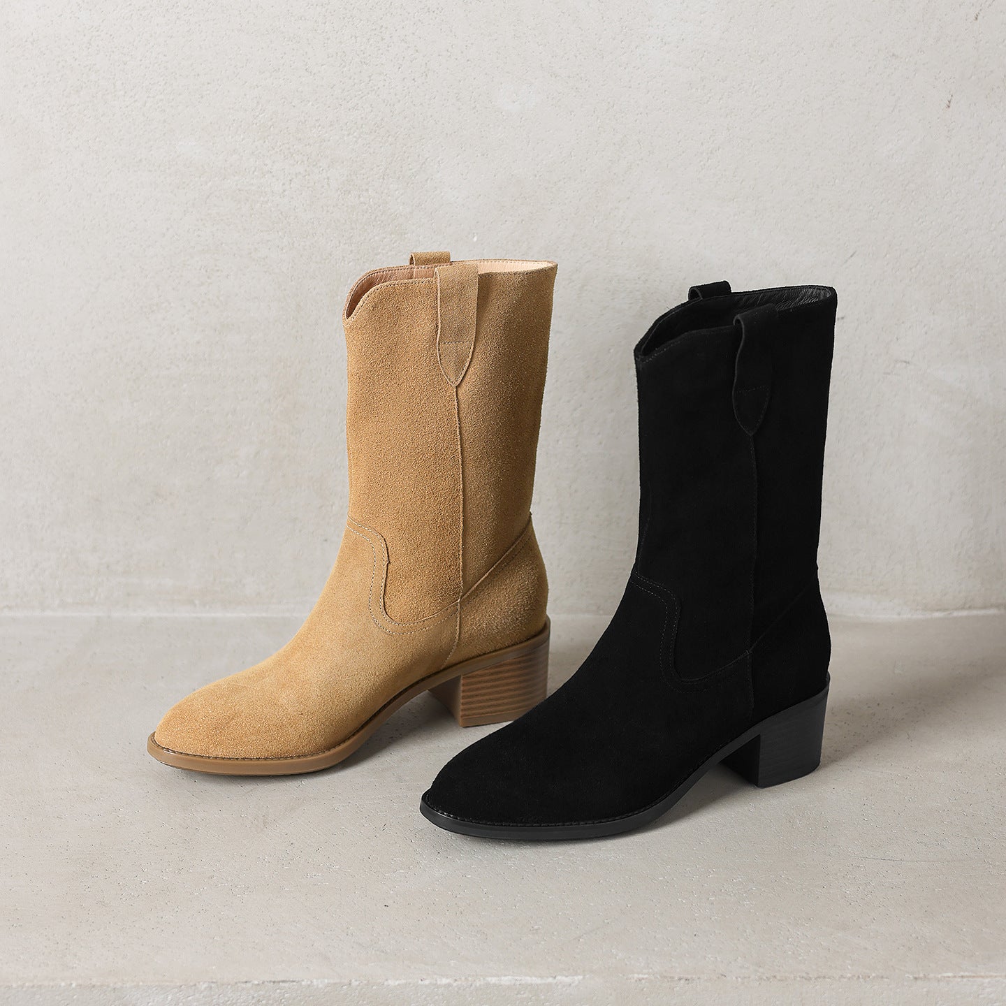 Women's Genuine Cowhide Leather Chunky Heel Mid-Calf Boots | Square Toe Side Zipper | Matte Embossed Finish