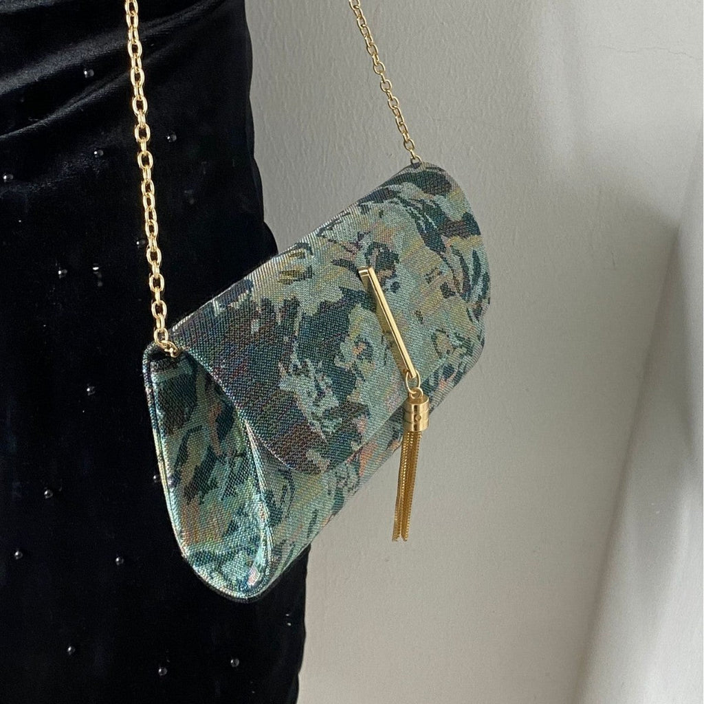 Embroidered Floral Evening Clutch Bag - Rhinestone Chain Shoulder Bag for Women