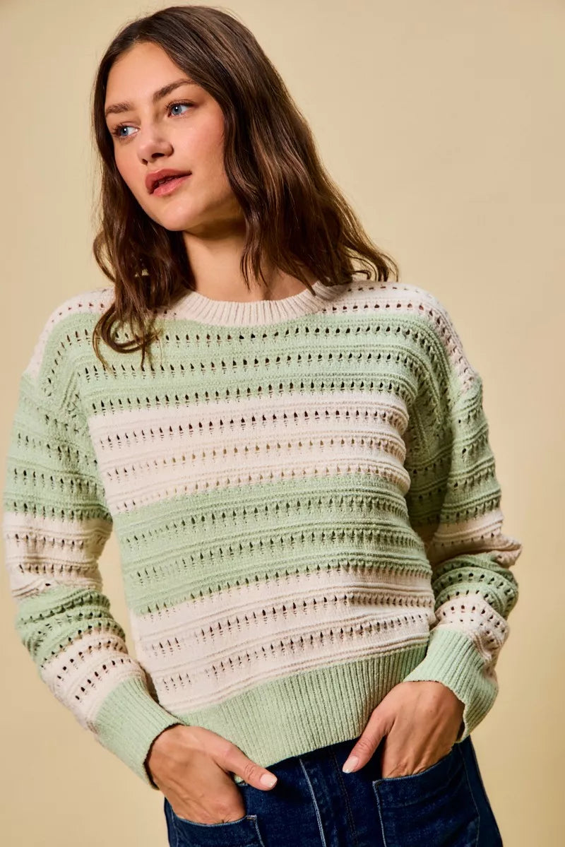 Openwork Round Neck Wide Stripe Textured Sweater