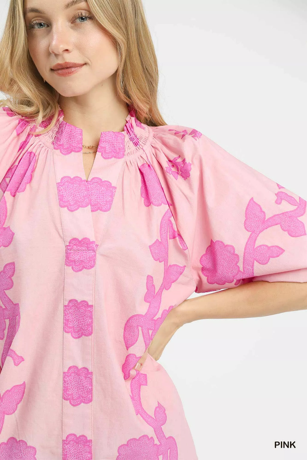 Floral Smocked Notched Puff Sleeve Blouse