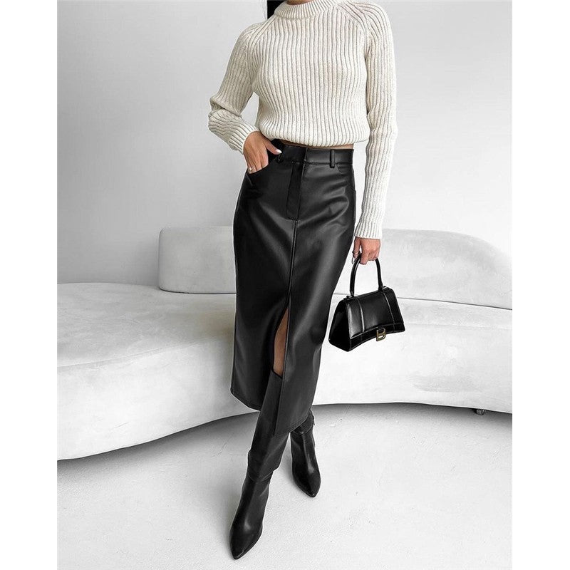 Retro High-Waisted PU Leather Skirt with Split Design