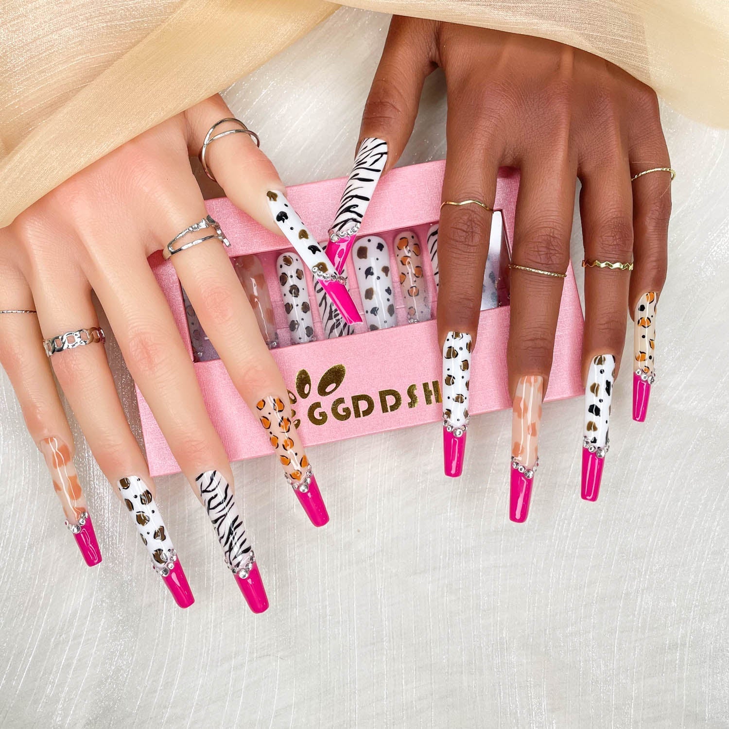 GGDDSHA Nails 10pcs Handmade Press On Nails -GlitterGold Diamond Extra Long Stiletto Reusable Gel UV FinishedFalse Nails, Designer Fashion 3D Hand-painted Nails ,Diamond Zebra
