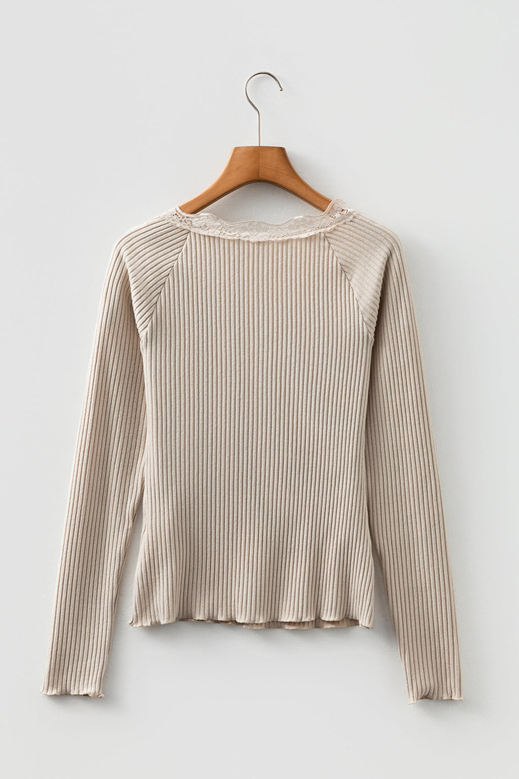 Beige Lace Neckline Button Decor Lettuce Edge Long Sleeve Ribbed Top