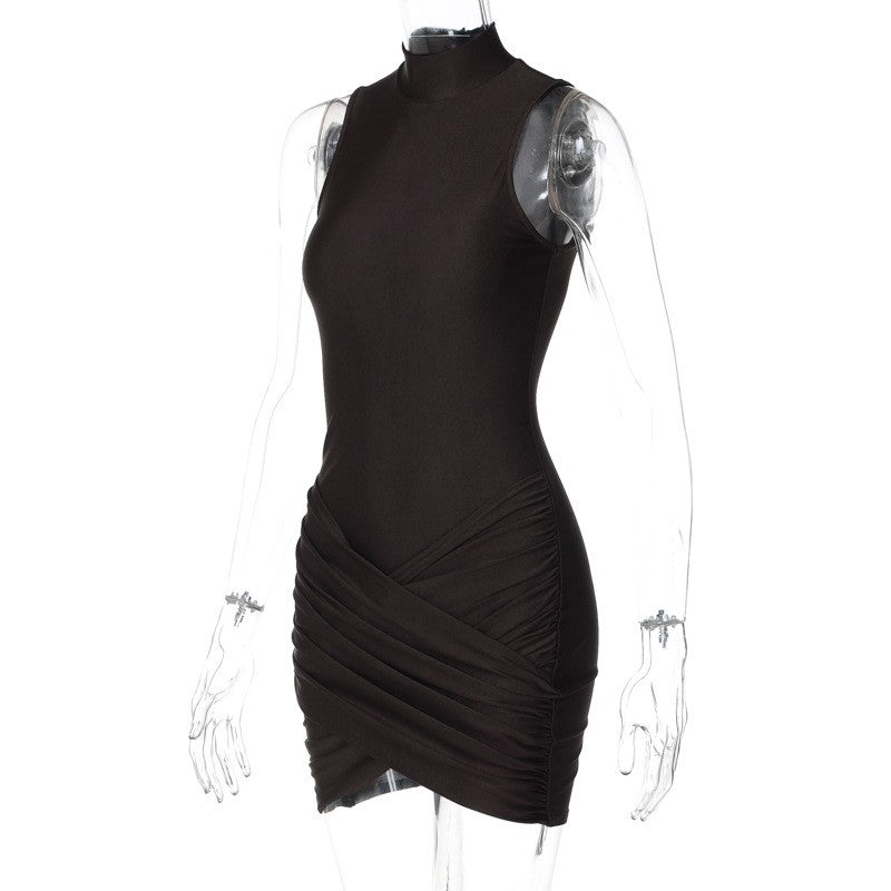 Solid Color Zippered Stand Collar Bodycon Skirt with Pleats