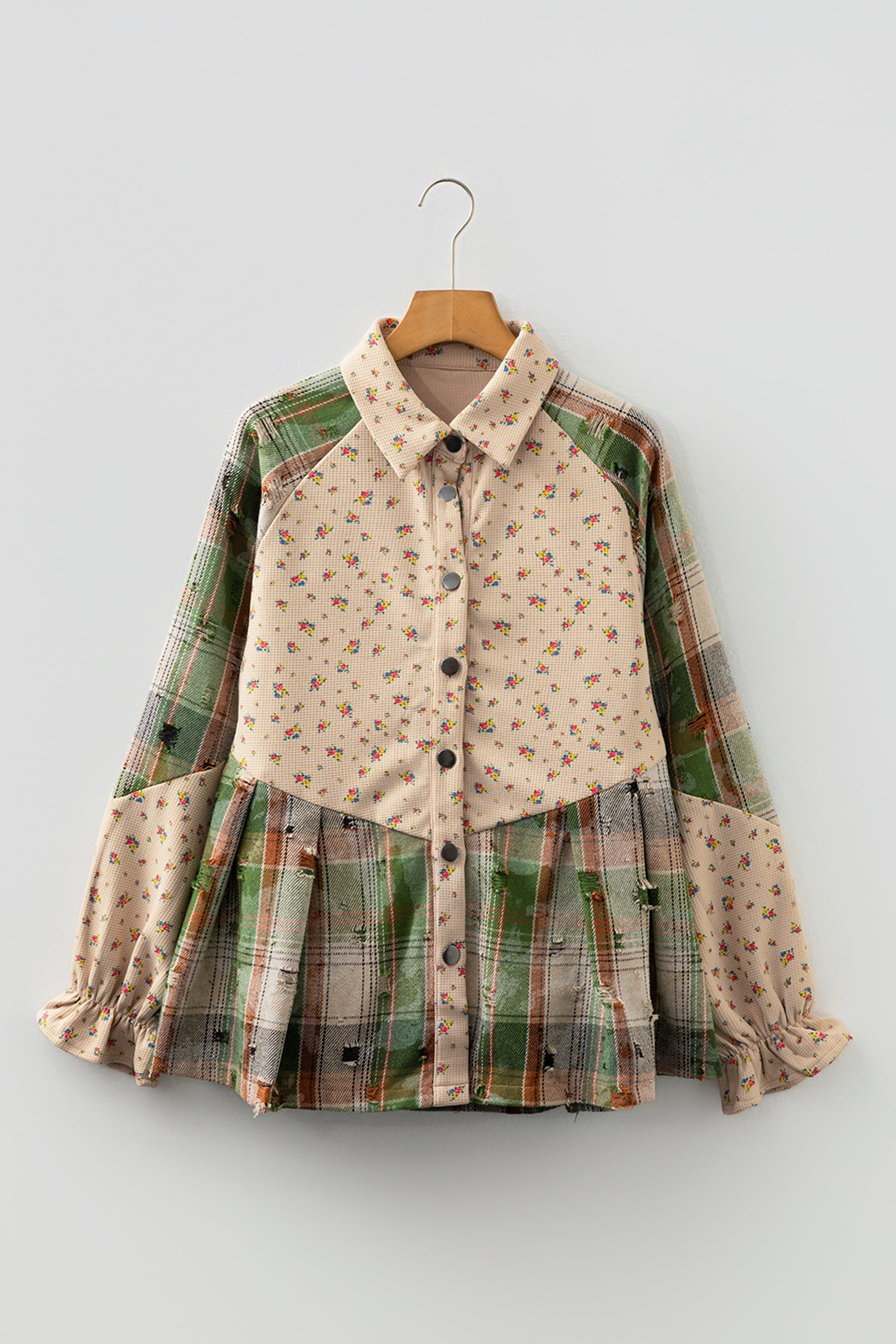 Mist Green Boho Floral Plaid Patchwork Distressed Detail Ruffled Sleeve Waffle Knit Shacket
