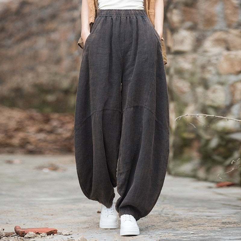 Women's Loose-Fitting Linen & Cotton Ramie Sand-Fried Meditation Tai Chi Lantern Pants