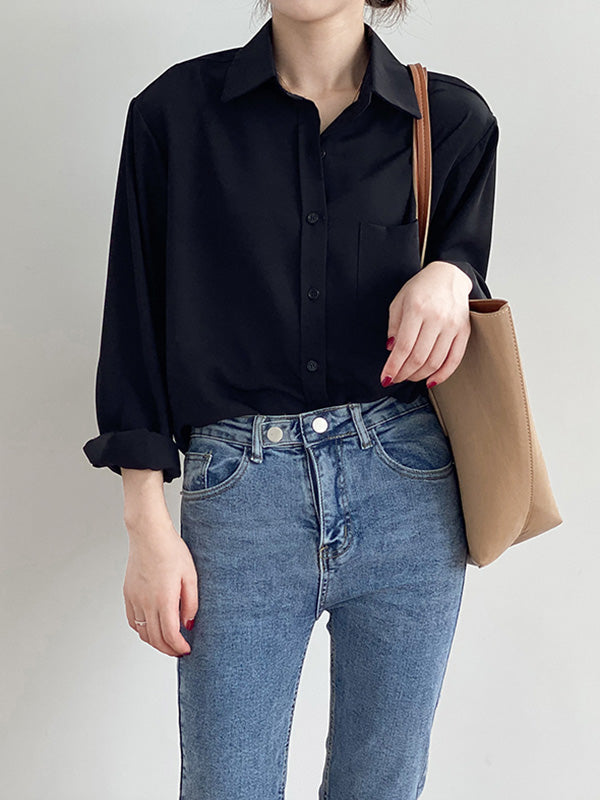 Urban Solid Color Lapel Long Sleeves Blouse