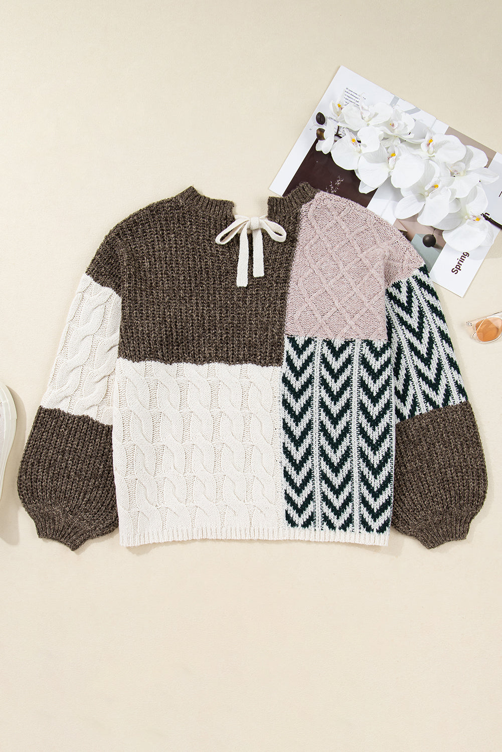 Brown Plus Size Color Block Patchwork Knotted Back Loose Fit Sweater