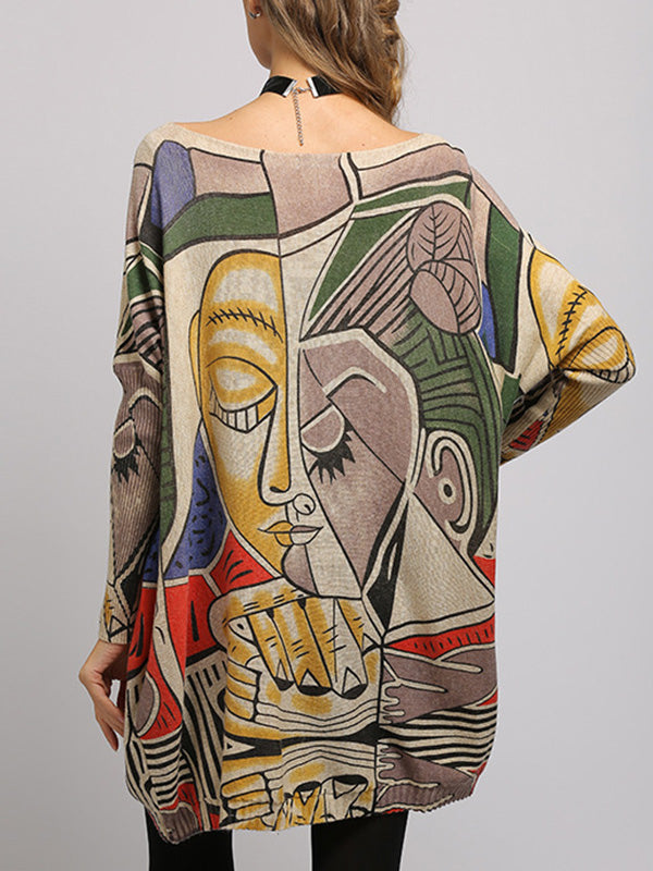Long Sleeves Loose Figure Printed Boat Neck Knitwear