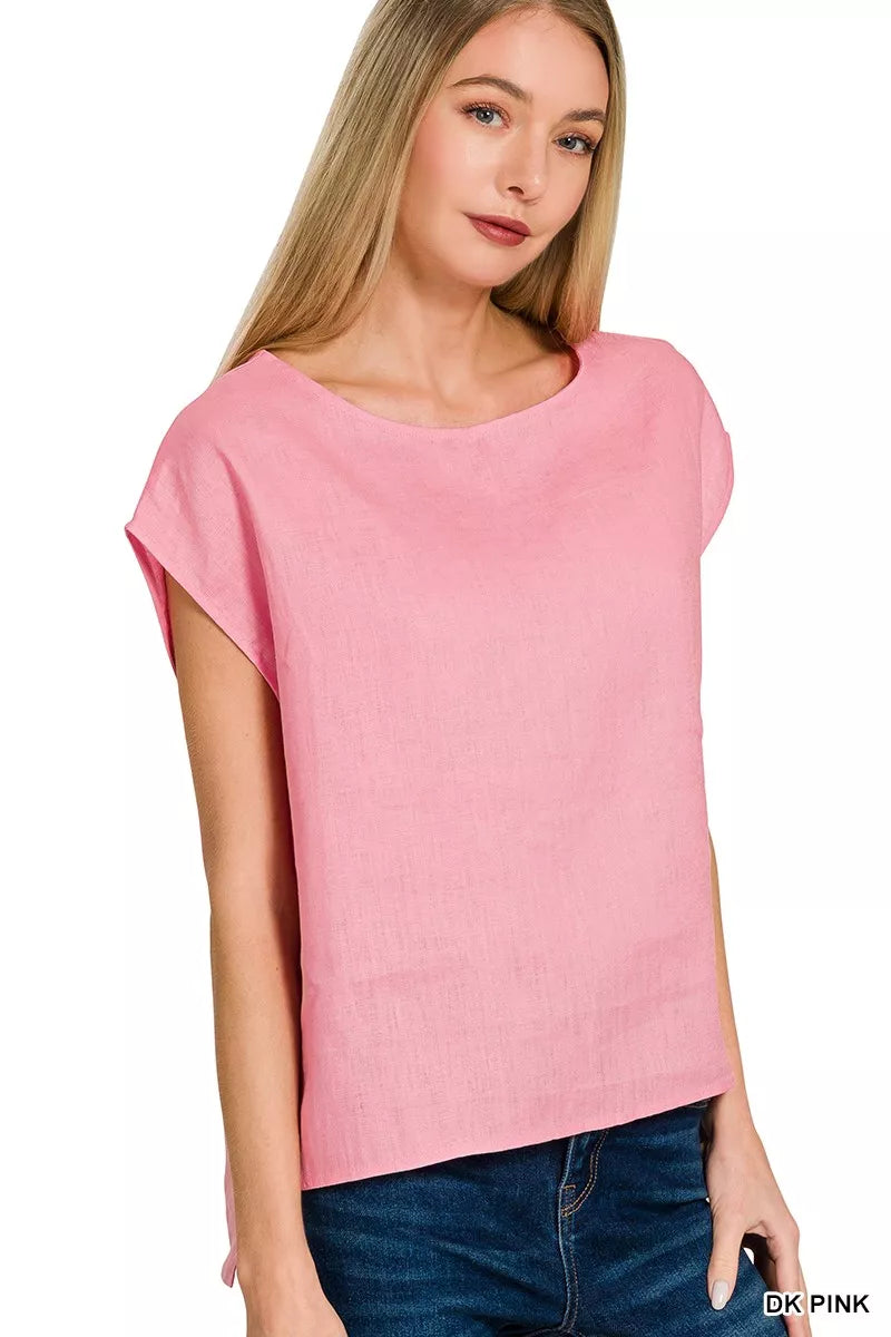 Linen Round Neck Cap Sleeve Top