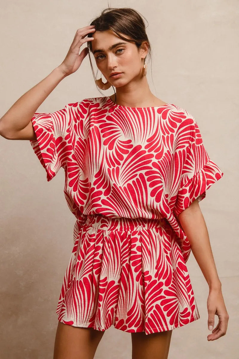 Print Woven Ruffled Sleeves Top