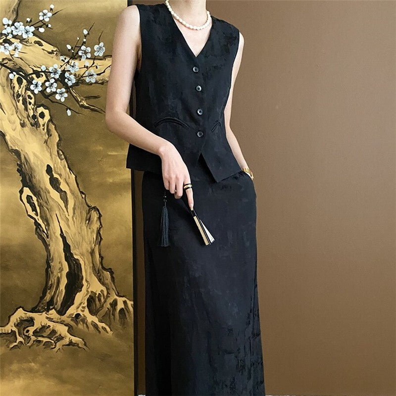 Floral Jacquard Vest and Skirt Ensemble