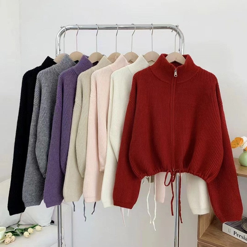 Solid Color Long Sleeve Zipper Drawstring Hemline Knitted Cardigan Sweater