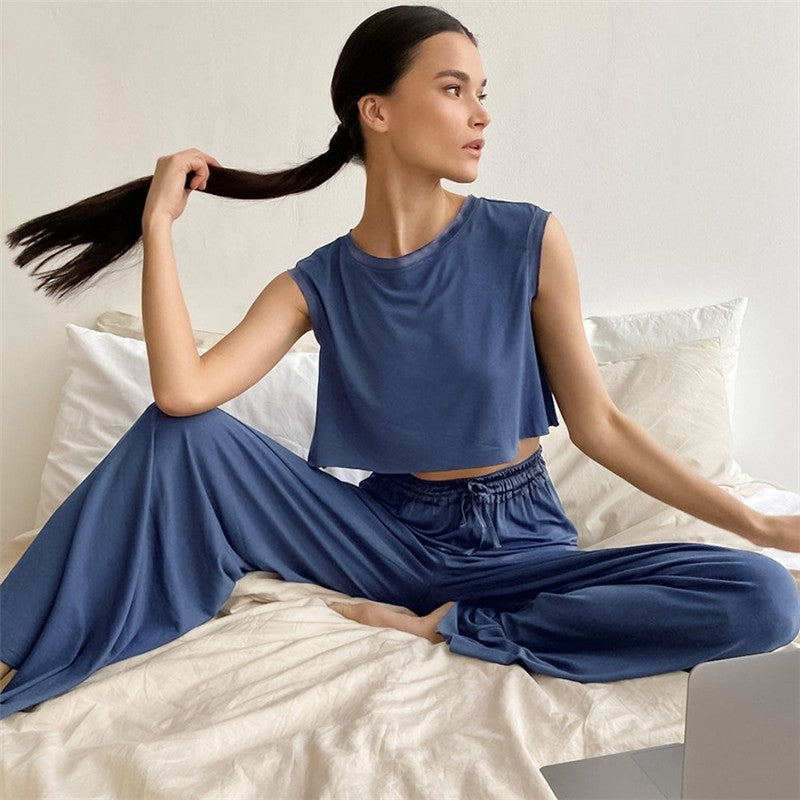 Solid Color Sleeveless Crewneck Tank Top and Wide Leg Pants Set - Loungewear