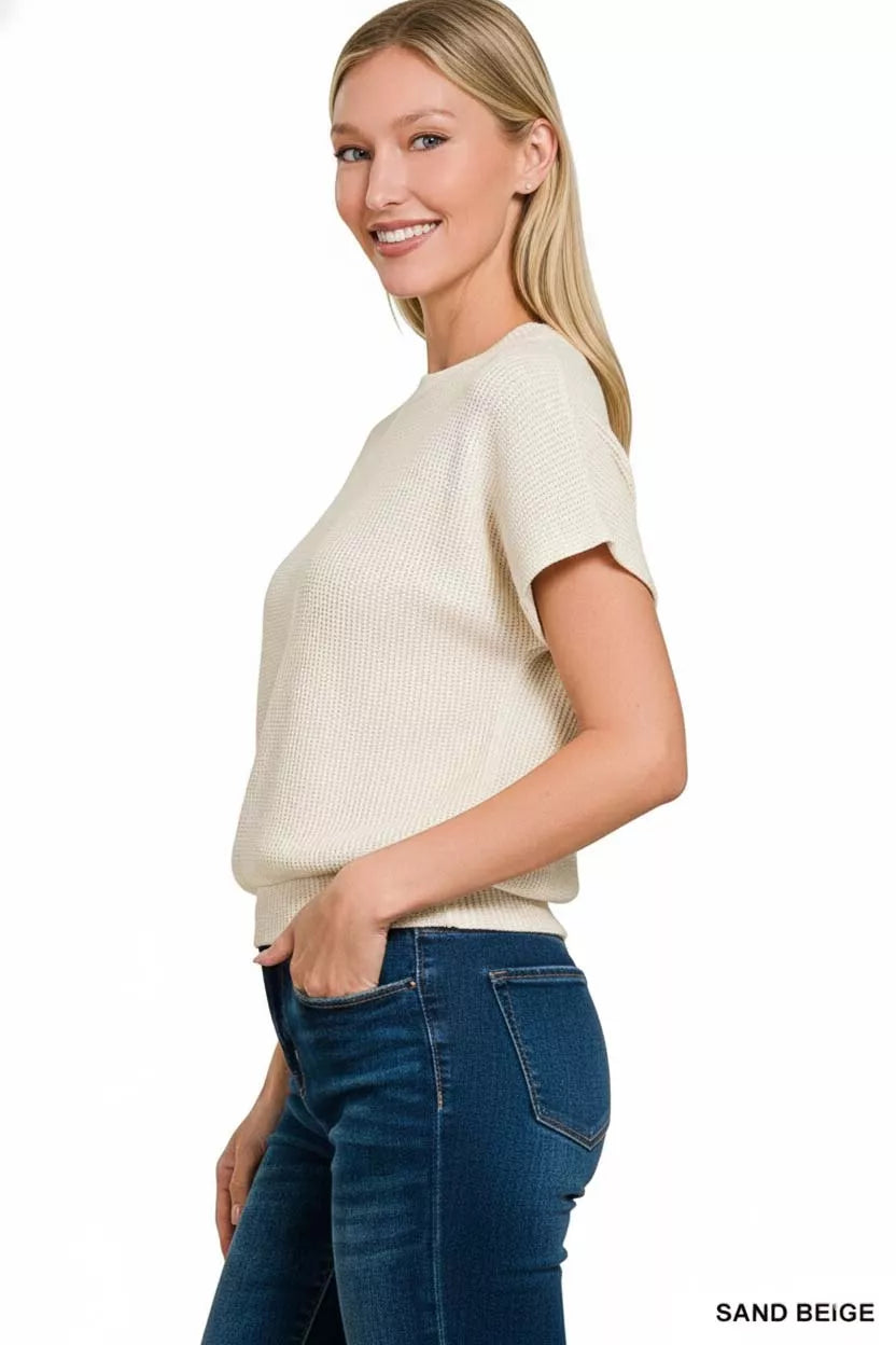 Round Neck Banded Botton Short Sleeve Sweater