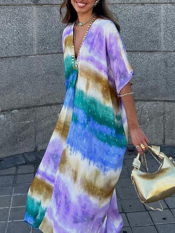 Loose Raglan Sleeve Printed V-neck Maxi Dresses
