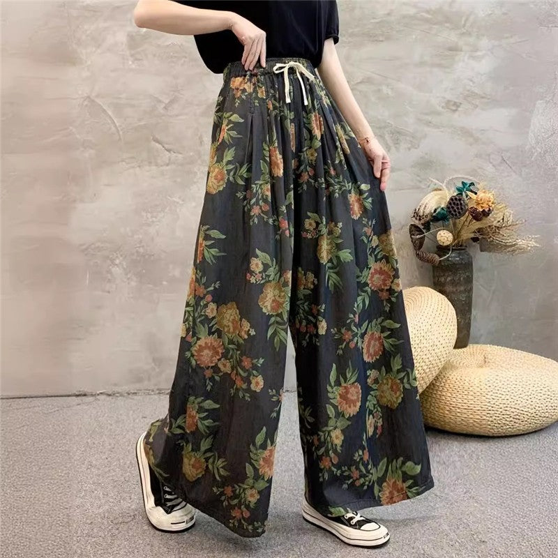 High-Waisted Loose Elastic Waistband Straight-Leg Pants