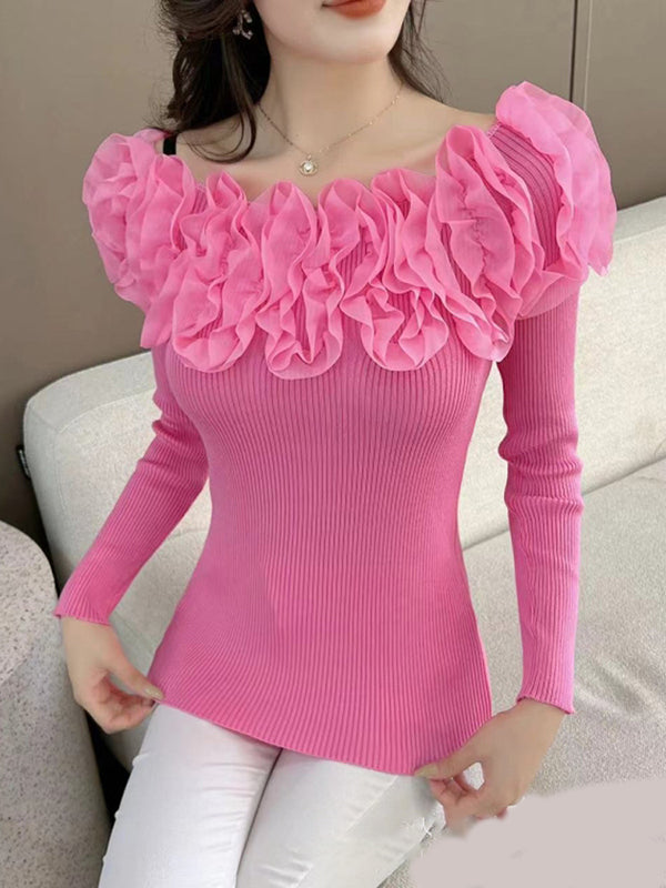 Long Sleeves Skinny Pleated Solid Color Three-Dimensional Flower Off-the-shoulder Knitwear Sweater Tops