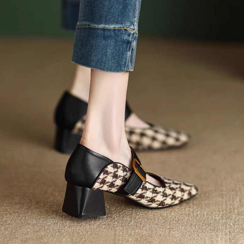 Retro Mary Jane Buckle Slip-On Heels for Women | 6cm Block Heel | Off-White & Black
