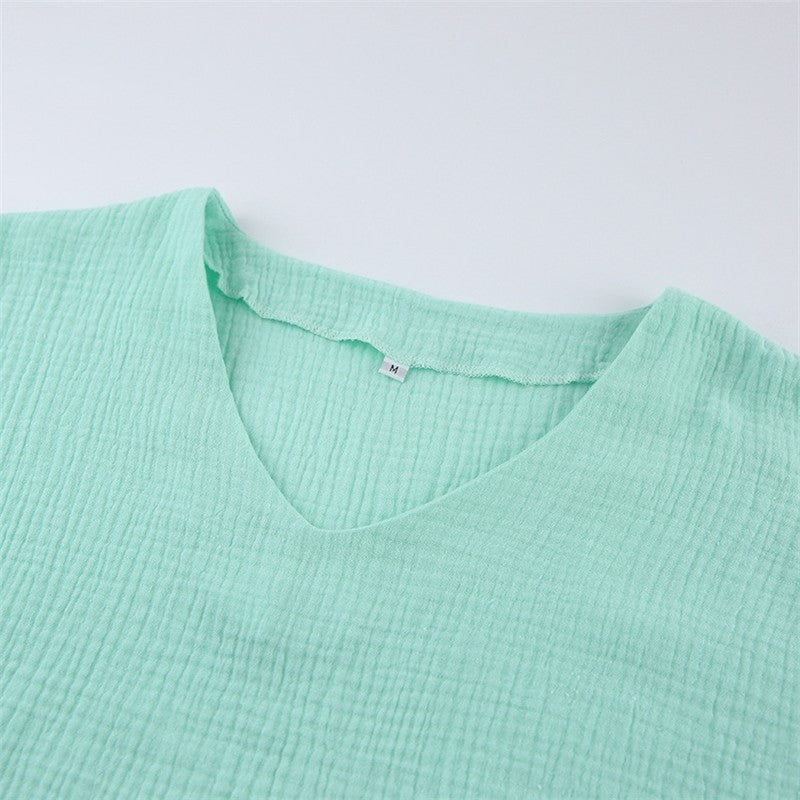 Solid Color Short Sleeve V-Neck Top and Pants Two-Piece Loungewear Set
