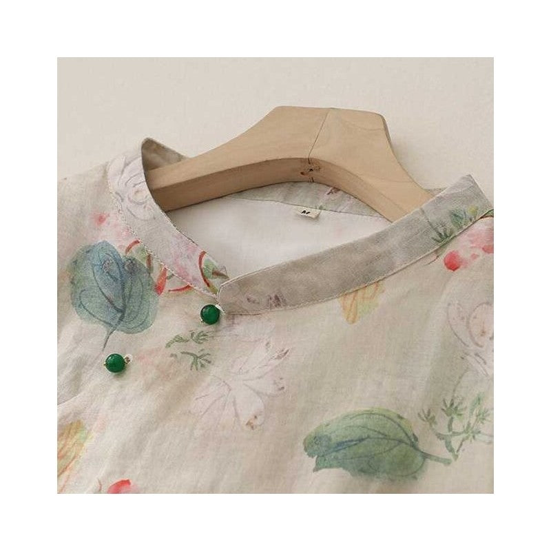 Printed Linen Shirt with Chinese-Inspired Stand-Up Collar
