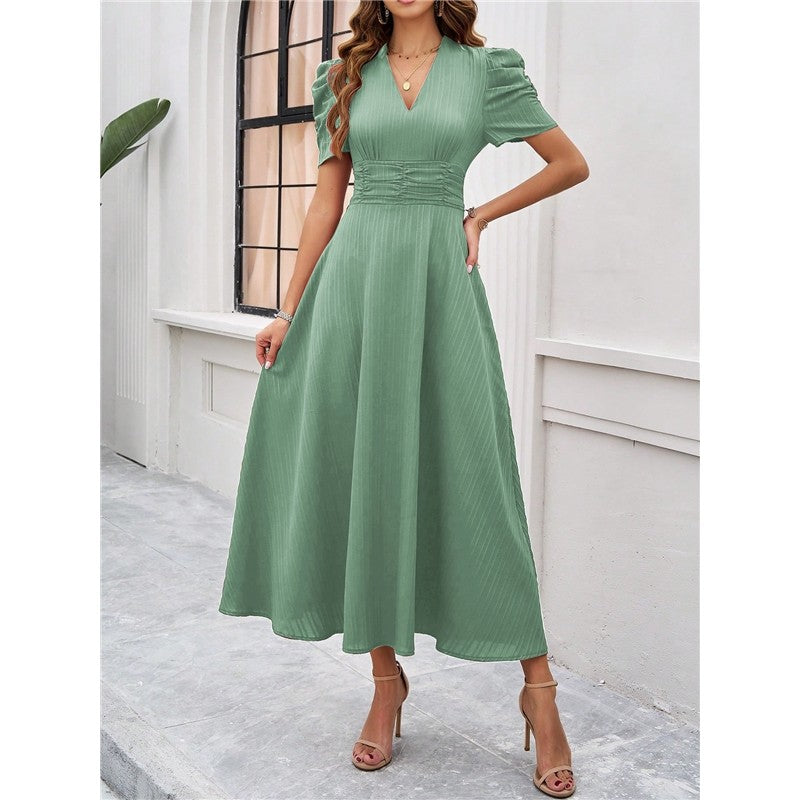 Short Sleeve Solid Color A-Line Maxi Dress