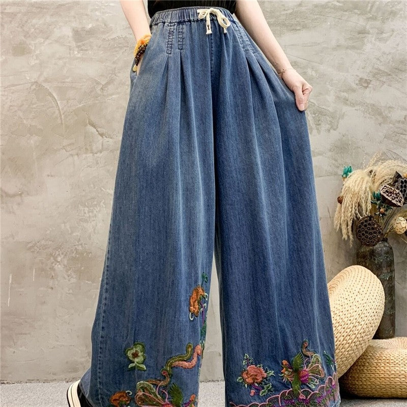 Wide Leg High Waist Embroidered Tie-Waist Pants