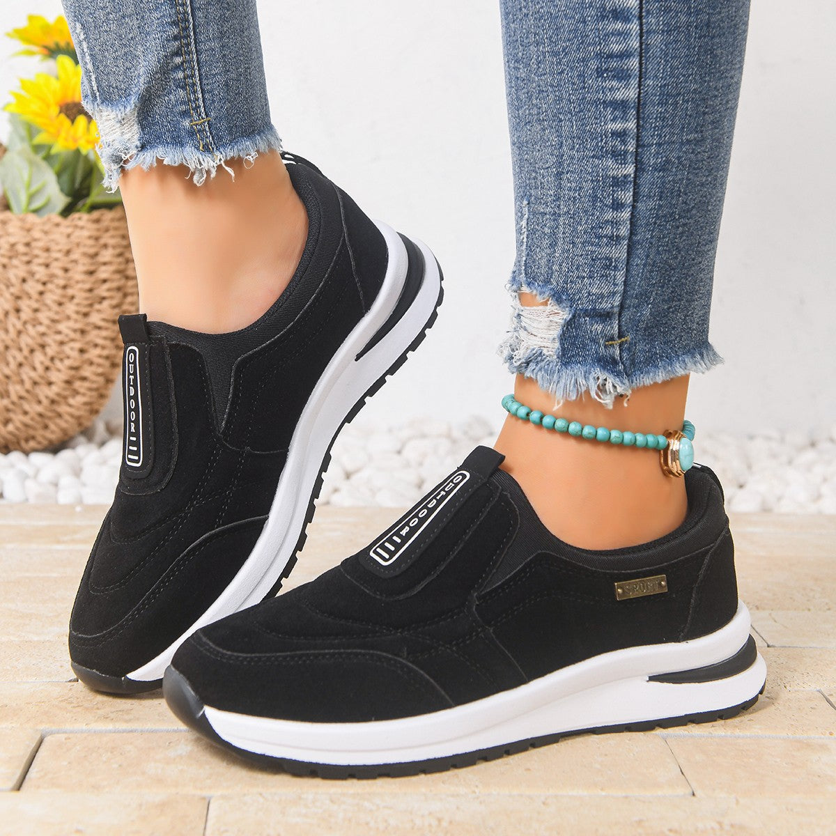 Women's Casual Plus-Size Slip-On Running Shoes | Suede Chunky Heel Sneakers