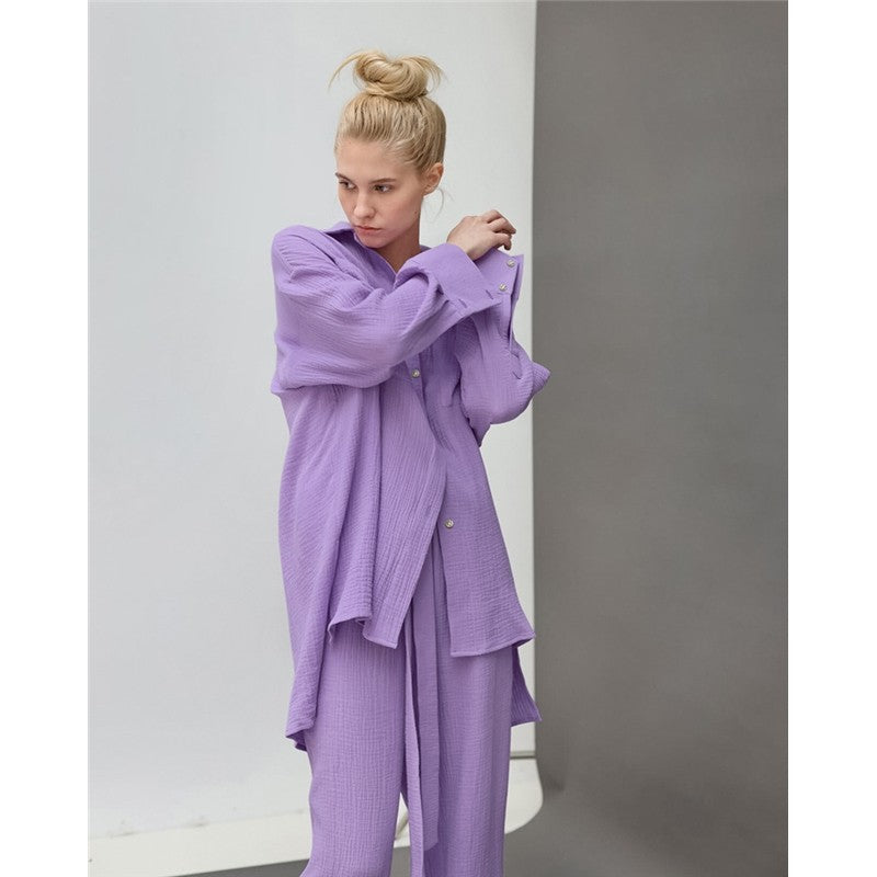 Solid Color Loose Long Sleeve Lapel Buttoned Waist Tied Blouse and Pants Two-Piece Loungewear Set