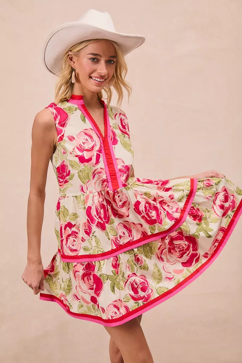 Floral Woven Contrast Edge Tiered Ruffle Mini Dress