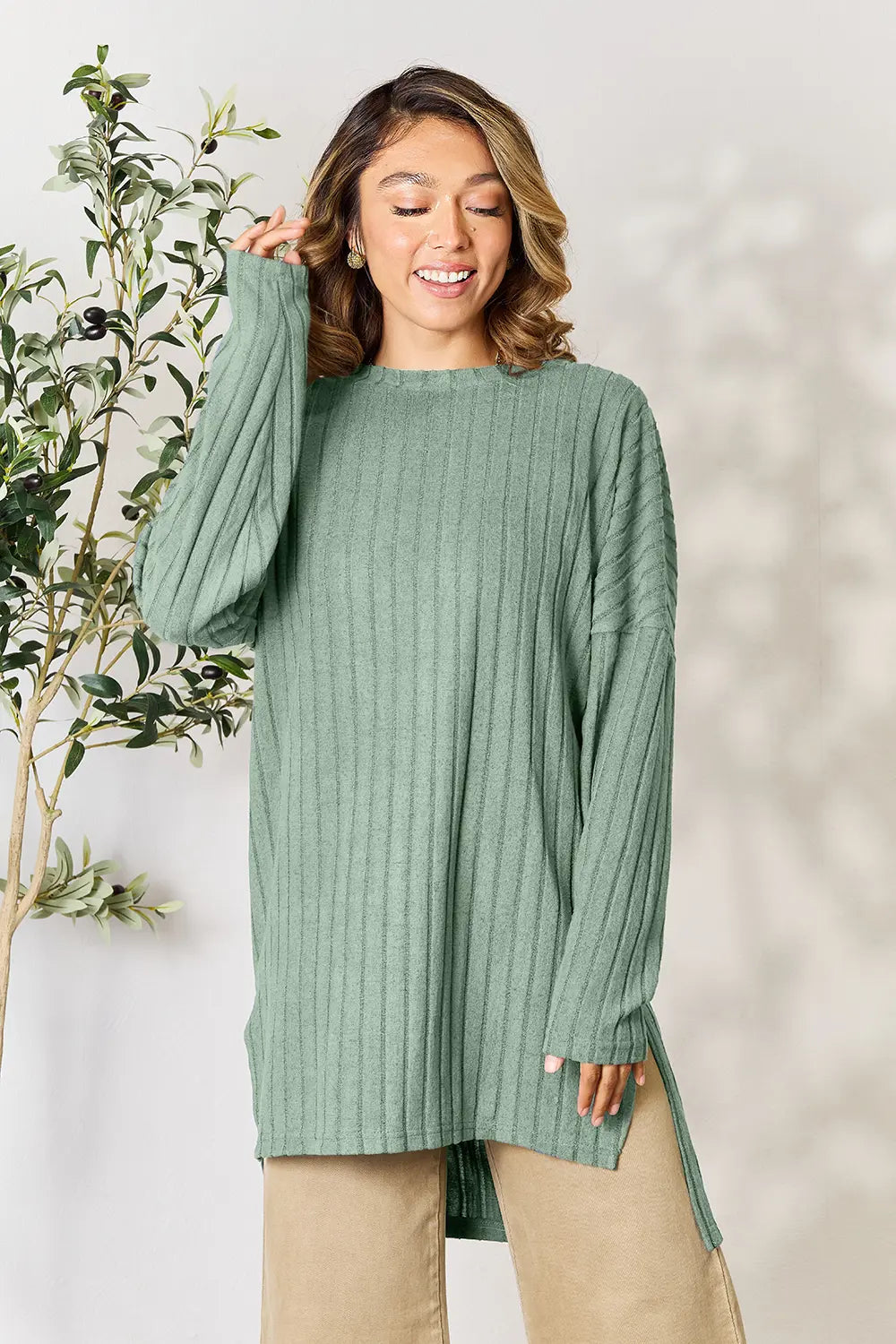Full Size Ribbed Round Neck Long Sleeve Slit Top