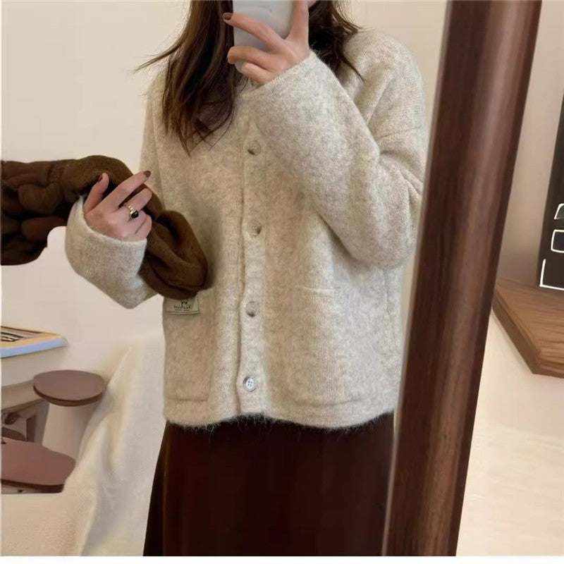 Solid Color Round Neck Single Breasted Knit Cardigan