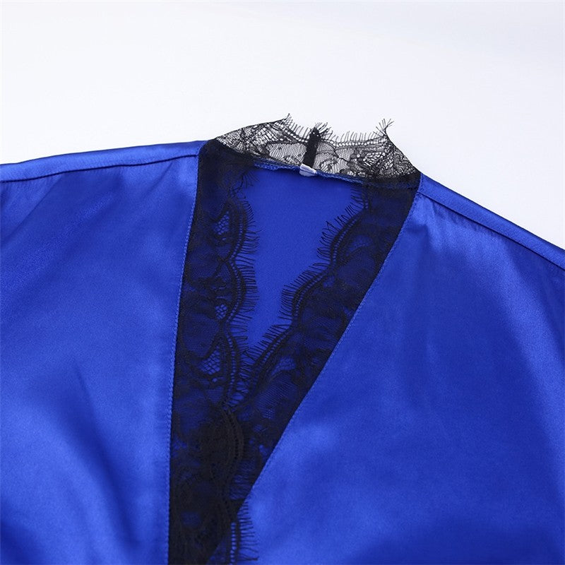 Solid Color Lace Patchwork Long Sleeve Waist Tied Maxi Robe Loungewear