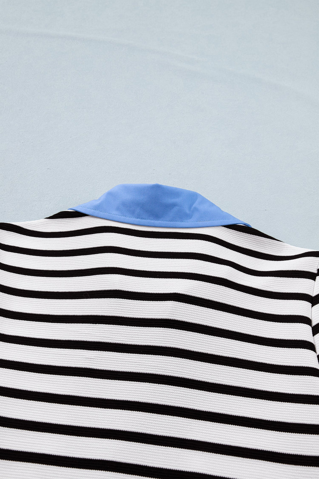Black Stripe Short Puff Sleeve Color Block Polo Collar Blouse