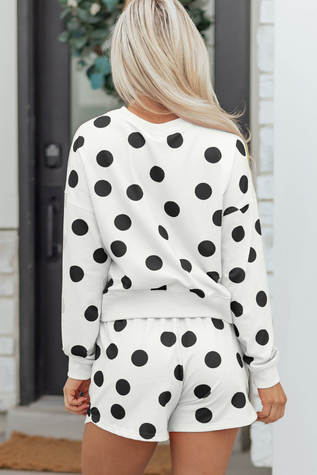 Beige Polka Dot Print Drop Shoulder Pullover Drawstring Shorts Set