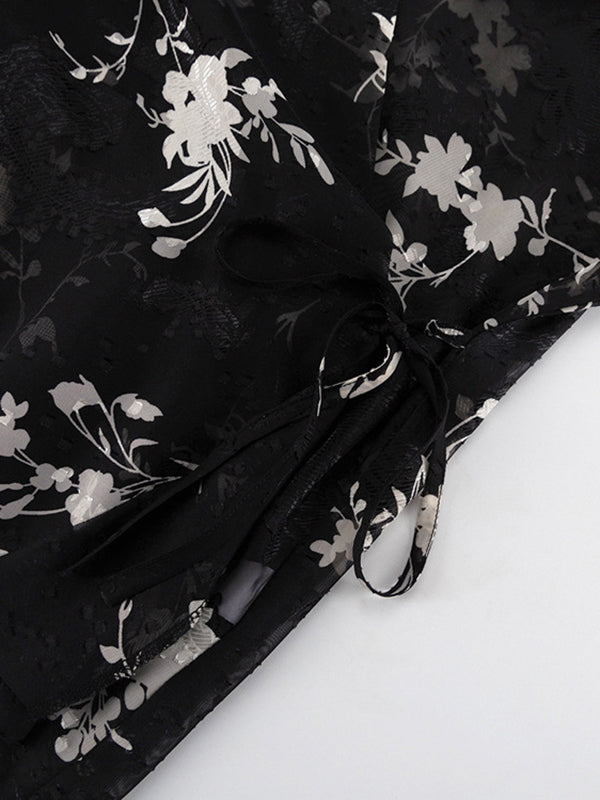 Loose Puff Sleeves Gauze Jacquard Lace-Up Pleated See-Through V-Neck Blouses&Shirts Tops