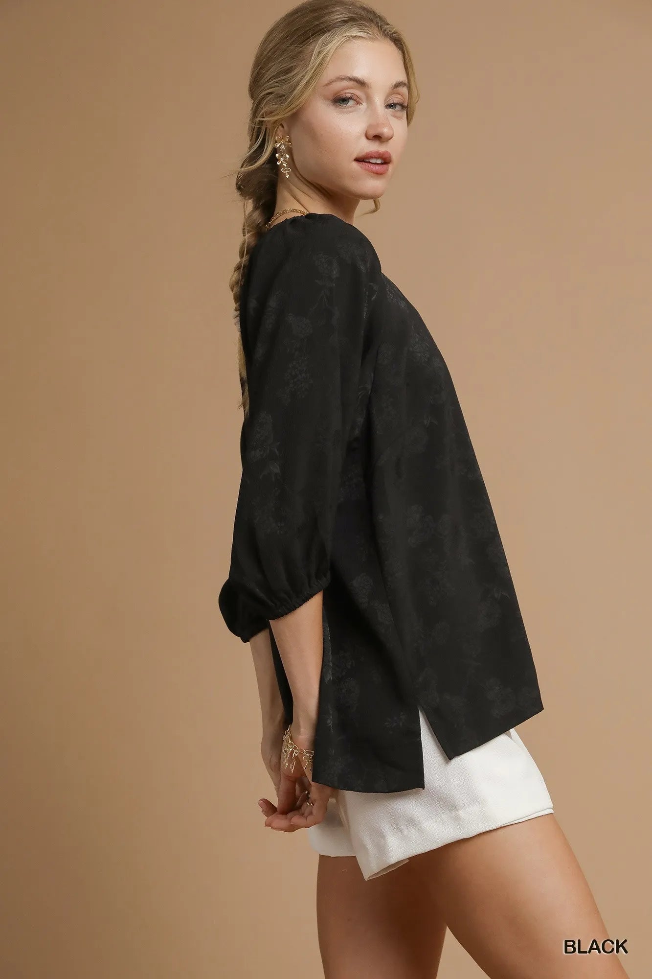 Satin Jacquard Balloon Sleeve Blouse