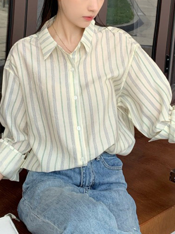 Long Sleeves Loose Buttoned Striped Lapel Blouses&Shirts Tops