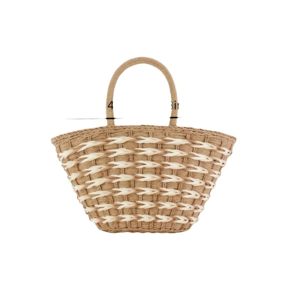 Handwoven Straw Beach Basket Bag - Color Block Shoulder Tote for Women