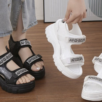 Women's Rhinestone Lettered Wedge Heel Sandals – Velcro Casual Platform Sandals in White & Black