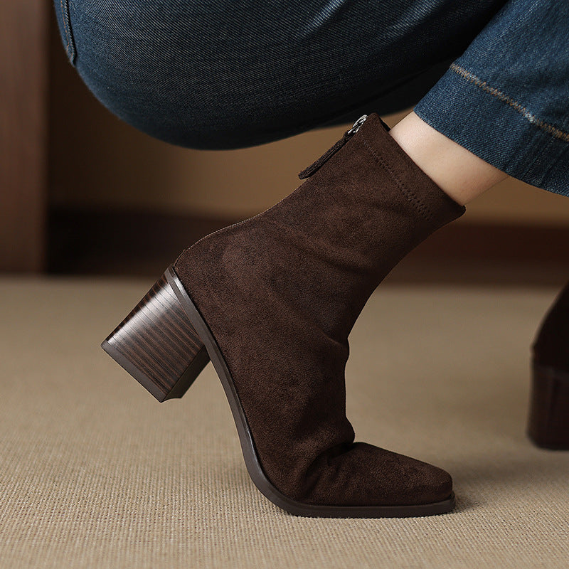 Women's Suede Square Toe Chunky Heel Boots
