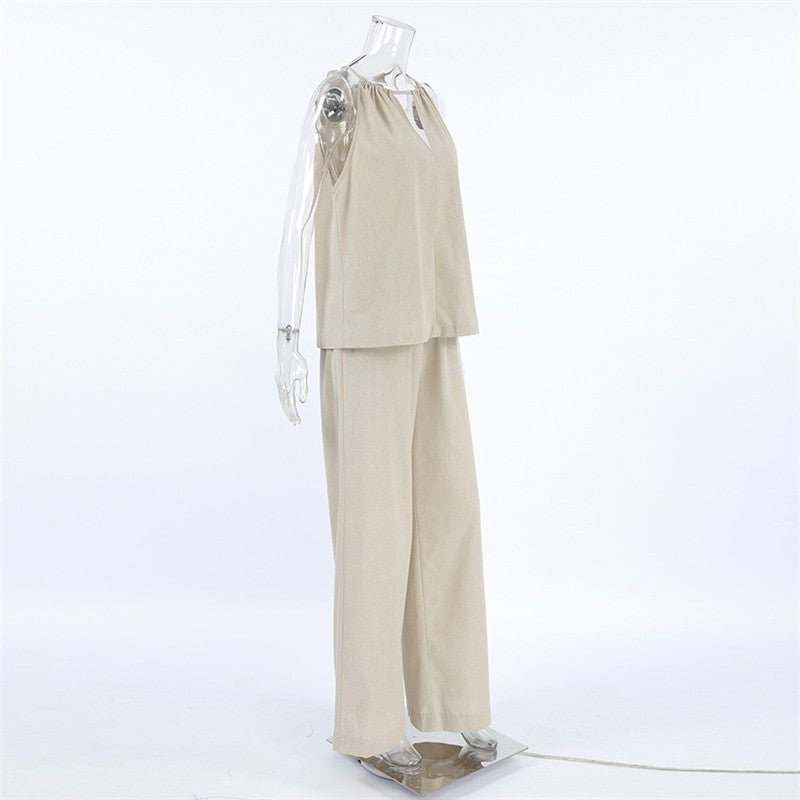 Sleeveless Top and Pants Pajama Set in Solid Color