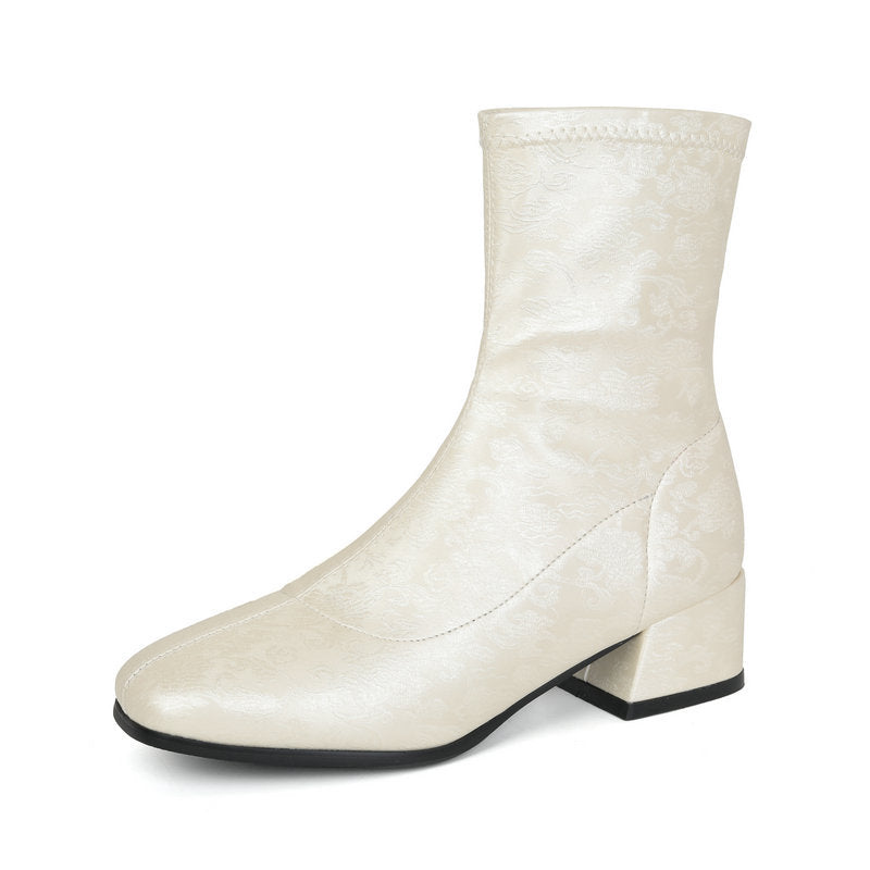 Women's Floral Embroidered Chunky Heel Booties | Retro Square Toe Slip-On Ankle Boots